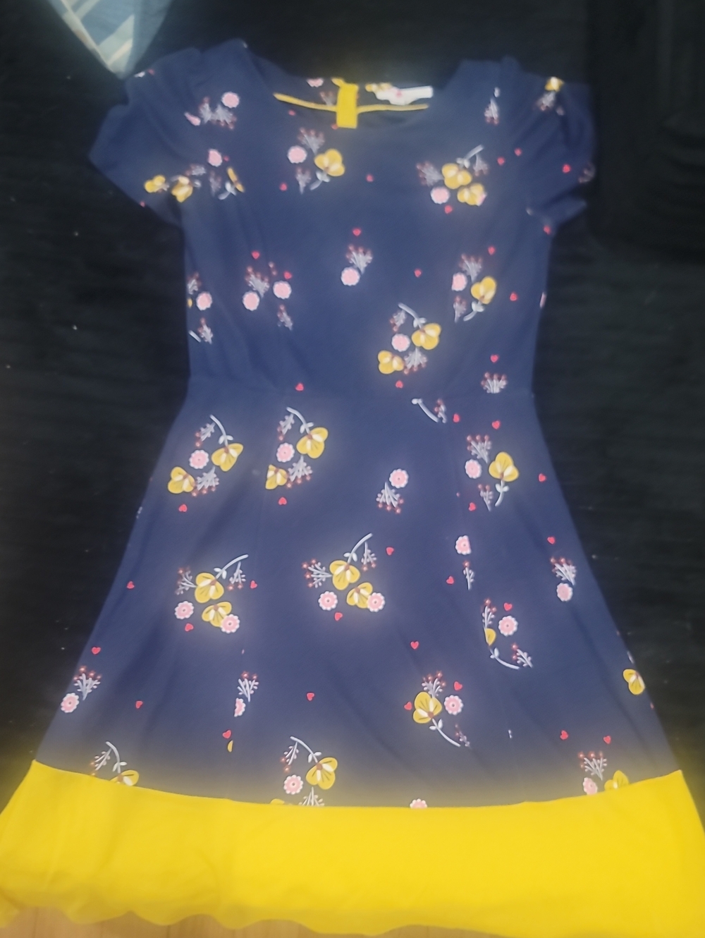 Navy Floral Fit-and-Flare Dress with Yellow Hem
